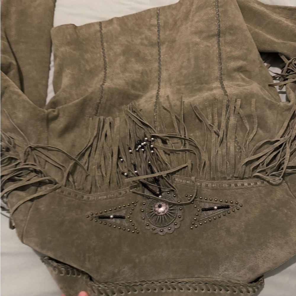 Scully Olive Suede Jacket with Fringe and Studs